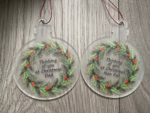 Acrylic personalised printed Christmas wreath bauble - Laser LLama Designs Ltd