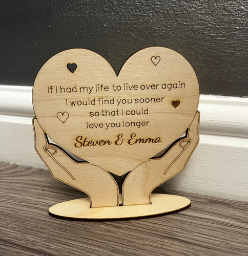 Wooden personalised hands holding a heart - Laser LLama Designs Ltd