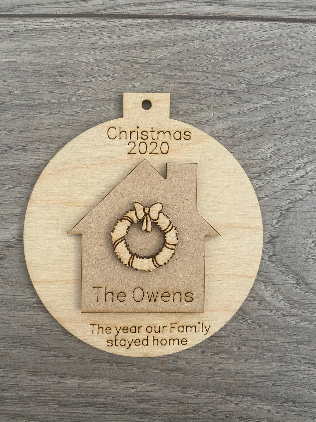 Wooden personalised home bauble Christmas 2020 - Laser LLama Designs Ltd