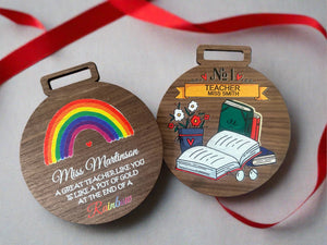 Walnut printed teachers medal - 2 designs - Laser LLama Designs Ltd