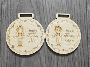 Wooden personalised first day at school medal - Laser LLama Designs Ltd