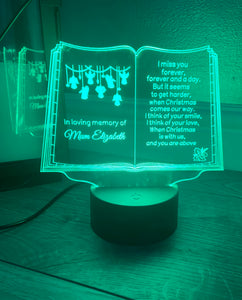 Light up 3D  open Christmas book memorial display. 9 Colour options with remote! - Laser LLama Designs Ltd