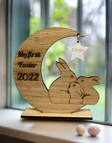 Oak veneer personalised first Easter bunnies family - Laser LLama Designs Ltd