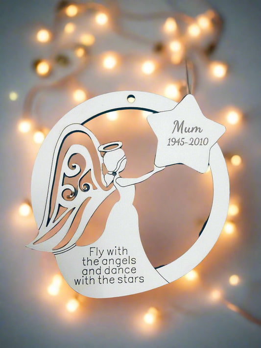 Wooden personalised Angel & star bauble - Laser LLama Designs Ltd