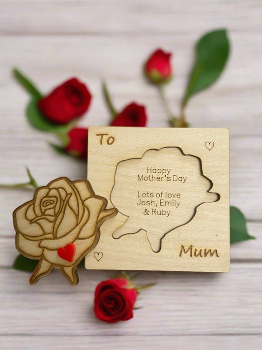 Wooden personalised engraved 3d rose card - Laser LLama Designs Ltd