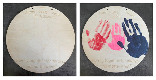 Wooden personalised circle plaque for hand prints - Laser LLama Designs Ltd