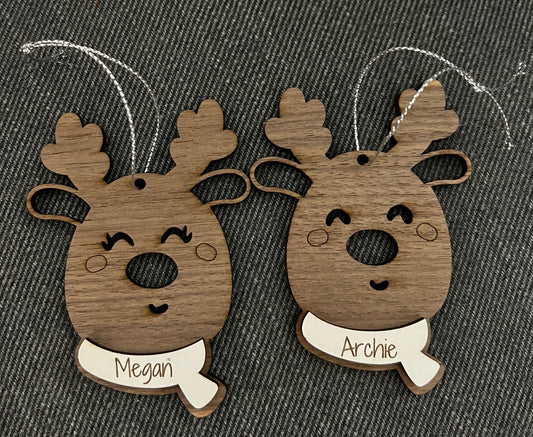 Walnut wooden personalised reindeer with scarf tree decoration - Laser LLama Designs Ltd