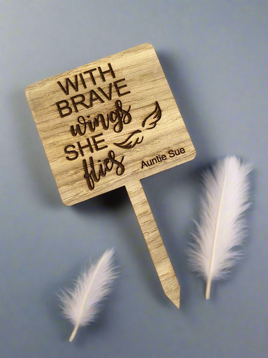 Oak veneer personalised wings grave marker - Laser LLama Designs Ltd