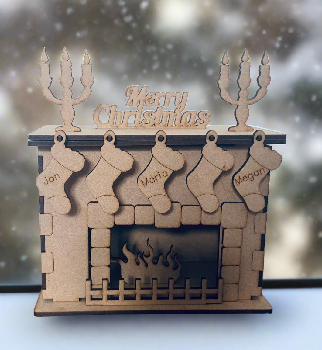 Wooden personalised freestanding fireplace with stocking - Laser LLama Designs Ltd
