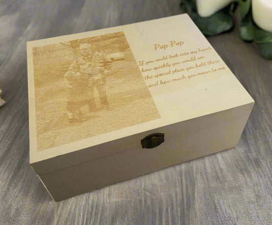 Wooden personalised memorial box with engraved photo - Laser LLama Designs Ltd