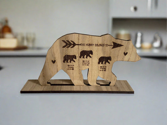 Oak veneer personalised bear freestanding plaque - Laser LLama Designs Ltd