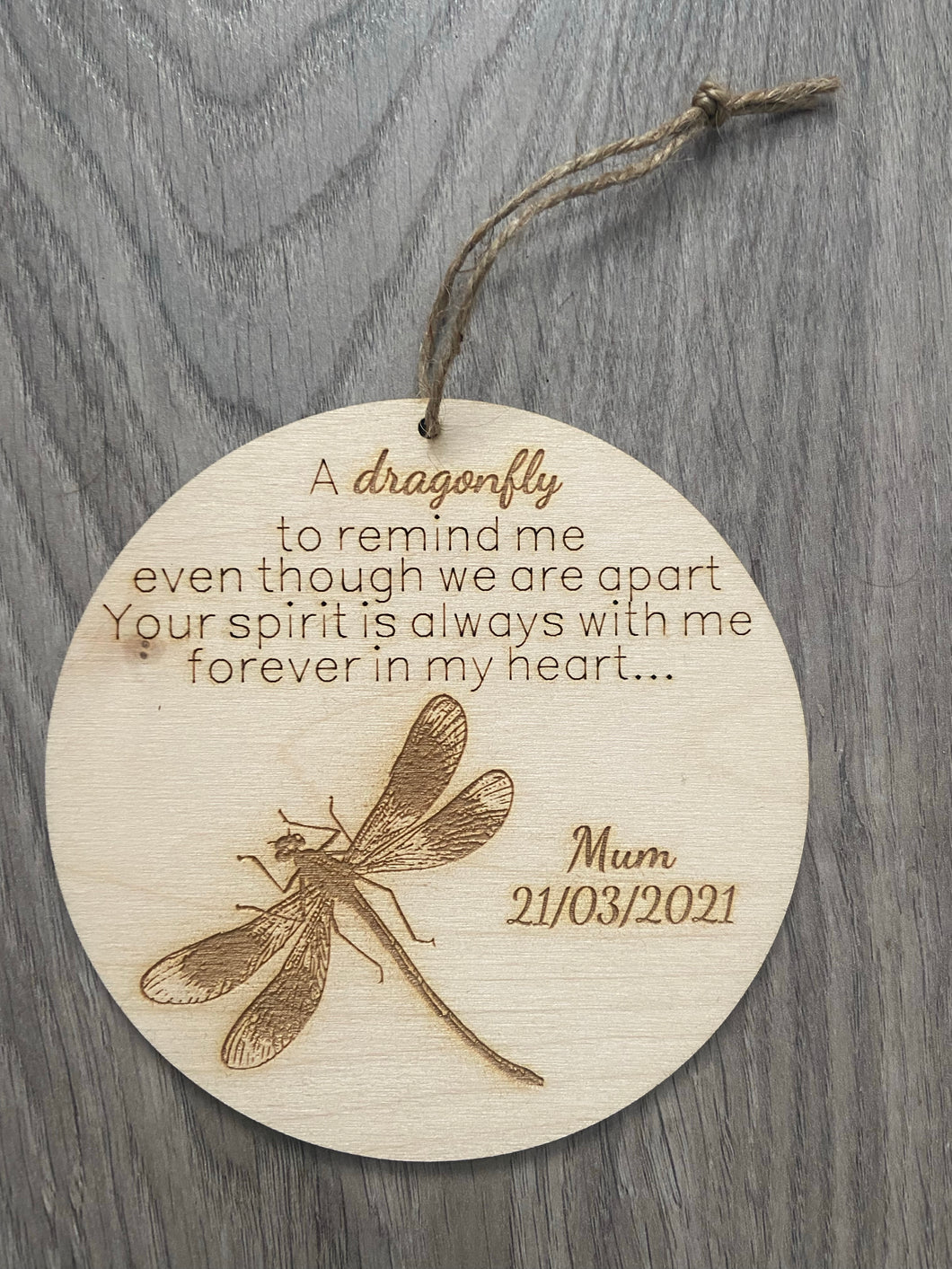 Wooden personalised dragonfly memorial plaque - Laser LLama Designs Ltd