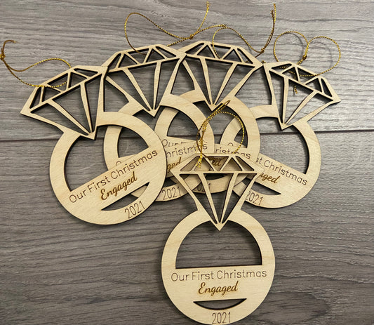 Wooden first Christmas engaged ring bauble - Laser LLama Designs Ltd