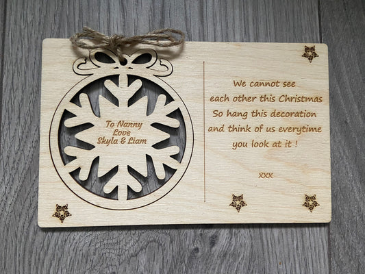 Wooden personalised card with tree bauble decoration - Laser LLama Designs Ltd