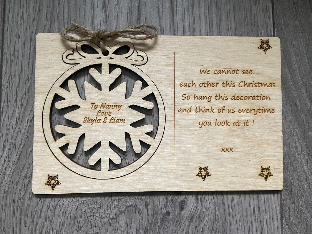 Wooden personalised card with tree bauble decoration - Laser LLama Designs Ltd