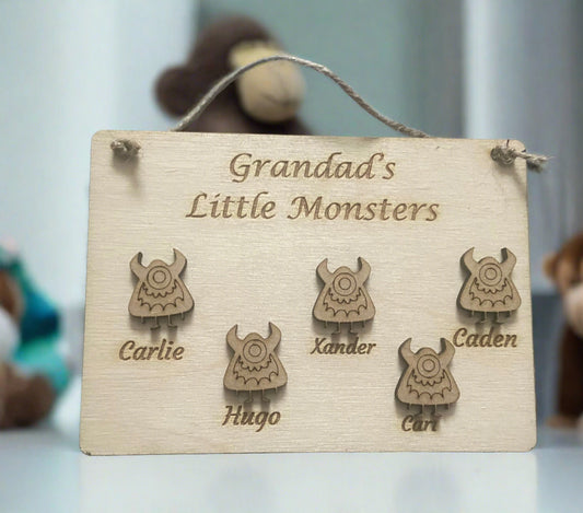 Wooden personalised little monsters plaque - Laser LLama Designs Ltd