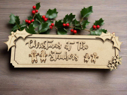 Mdf Christmas at the .. gingerbread Family Personalised street sign - Laser LLama Designs Ltd
