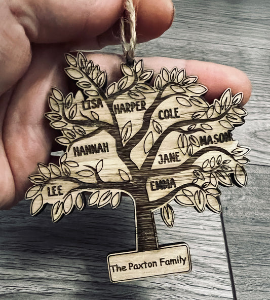 Oak veneer family tree Christmas decoration - Laser LLama Designs Ltd