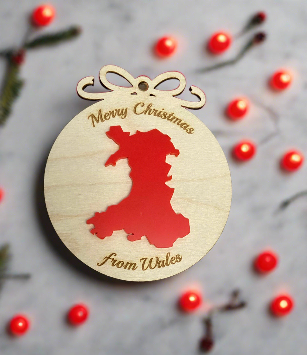 Merry Christmas from Wales bauble - Laser LLama Designs Ltd