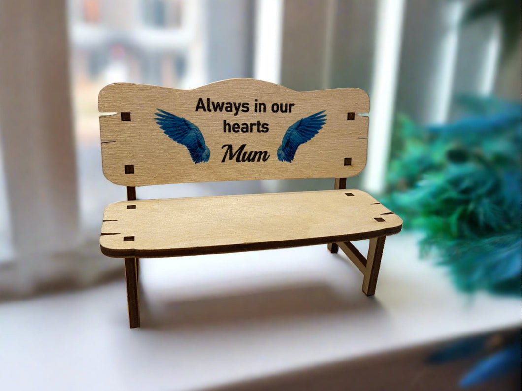 Wooden personalised printed memorial wings bench - Laser LLama Designs Ltd