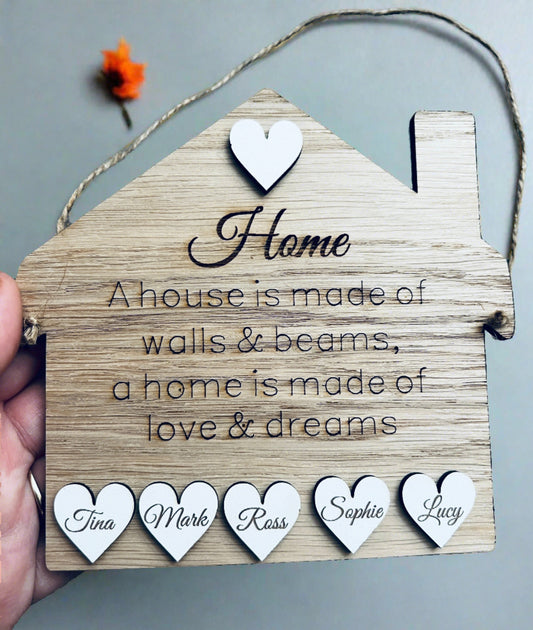 Wooden personalised house hanging family plaque - Laser LLama Designs Ltd
