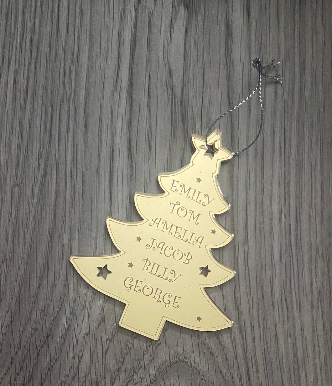 Mirrored acrylic personalised Christmas tree family bauble - Laser LLama Designs Ltd