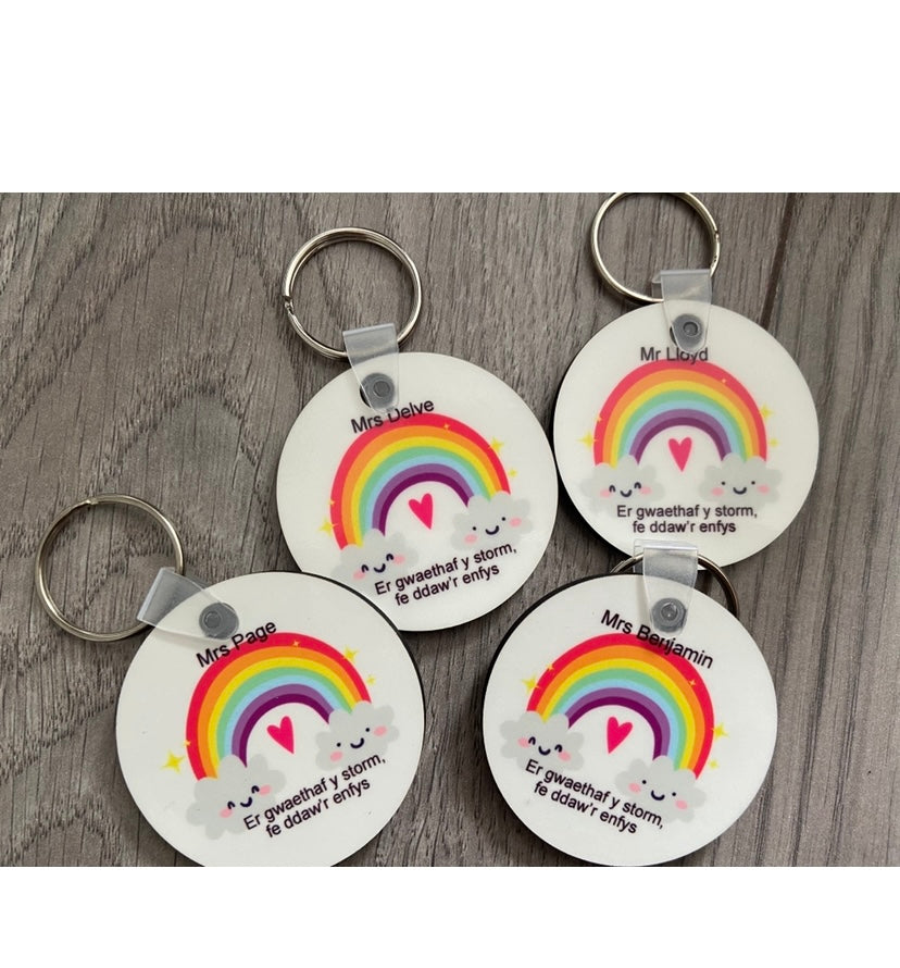 Personalised printed rainbow teachers keyring - Laser LLama Designs Ltd