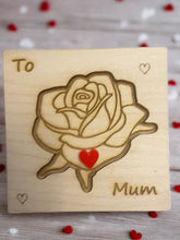 Load image into Gallery viewer, Wooden personalised engraved 3d rose card - Laser LLama Designs Ltd