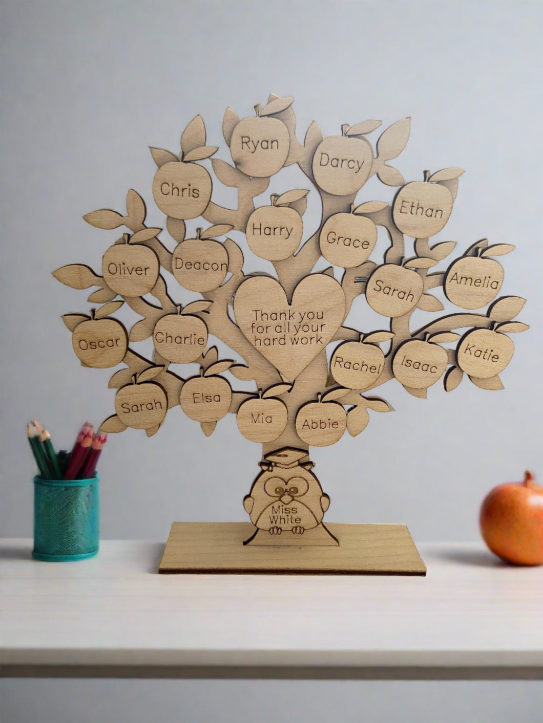 Wooden personalised freestanding  teacher tree - Laser LLama Designs Ltd