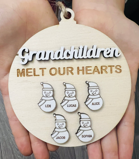 Wooden grandchildren bauble with little snowmen - Laser LLama Designs Ltd