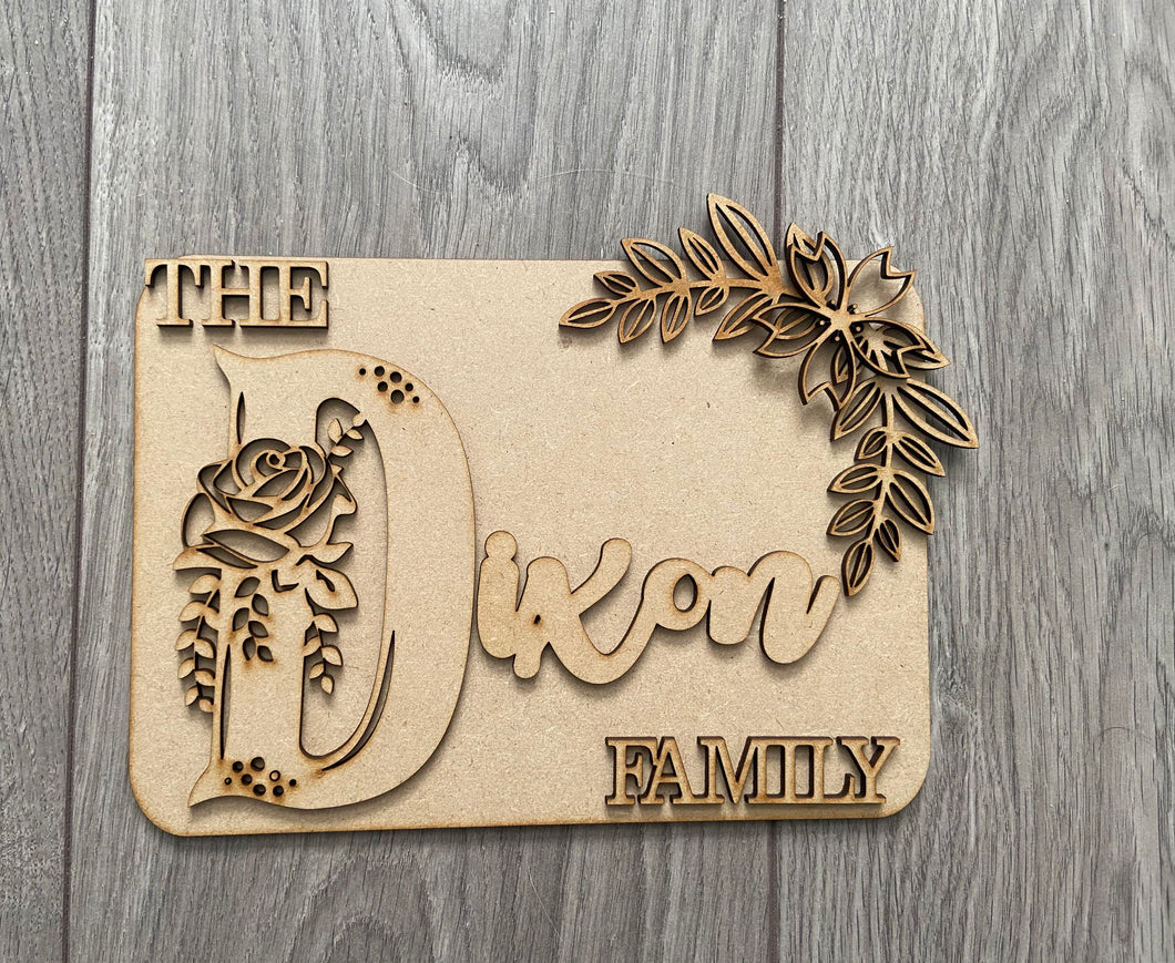 Wooden MDF Laser Cut Family Plaque Family Surname with Initial Layered Plaque - Laser LLama Designs Ltd