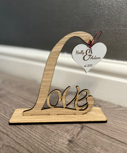 Freestanding wooden love sign with hanging heart - Laser LLama Designs Ltd