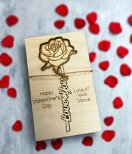 Load image into Gallery viewer, Wooden personalised card with laser cut rose - Laser LLama Designs Ltd