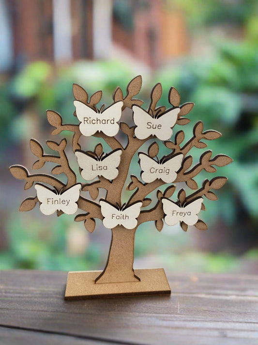 Freestanding wooden family tree with butterflies - Laser LLama Designs Ltd