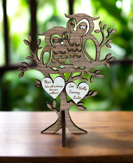 Walnut wood , personalised owl freestanding tree - Laser LLama Designs Ltd