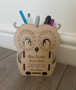 Wooden personalised teachers pen/pencil pot - Laser LLama Designs Ltd